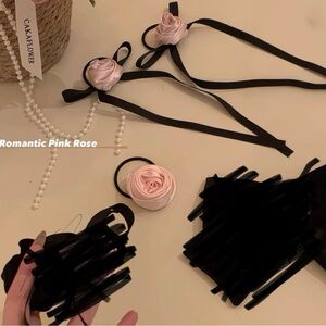 3 Piece Bundle Pink Rose Elastic Bow Hair Ties Romantic Accessories